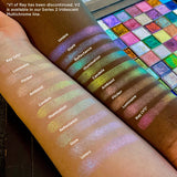 Left angled arm swatches on fair and deep skin tones of Series 1 Iridescent Multichrome Eyeshadow shifts of Ray, Luminaire, Ambient, Flicker, Candela, Illumination, Reflectance, Glare, Umbra