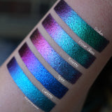 Right angled arm swatches on fair skin tone of Lunette Jewelled Multichrome Eyeshadow shifts compared to Oculus, Crown Glass, Rosette, Spire