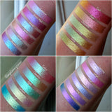 Right angled arm swatches on medium and light skin tone of Glitter Multichrome Bundle shifts