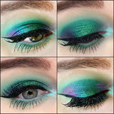 Anneal Jewelled Multichrome Eyeshadow on fair skin toned eye looking right, down, straight, closed showing shifts of emerald-turquoise-blue-indigo-violet