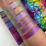 Top angled arm swatches on fair skin tone of Quest Electric Multichrome Pigment shifts compared to Emblem, Hilt, Tessera, Rayonnant and Flashed Glass