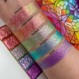 Top angled arm swatches on fair skin tone of Court Jester Glitter Vibrant Multichrome Eyeshadow shifts compared to Empress, Duchess, Diadem and Noble
