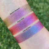 Top angled arm swatches on fair skin tone of King's Feast Hybrid Multichrome Pigment shifts compared to Queen's Banquet and Coat of Arms