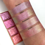 Top angled arm swatches on fair skin tone of Sceptre Pearlescent Multichrome Eyeshadow shifts compared to Baroque, Palace and Renaissance