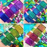 Collage of Jewelled Multichrome Eyeshadows overtop arm swatches on fair skin tone
