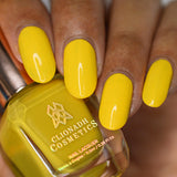 Close up of nails done with Lemonade Stand nail lacquer on medium skin tone
