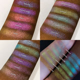 Collage of arm swatches on deep and fair skin tone of Ornamental Glitter Multichrome Eyeshadow featured in the Glitter Multichrome Eyeshadow Bundle