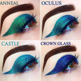 Eye swatches on fair skin tone of Oculus Jewelled Multichrome Eyeshadow shifts compared to Anneal, Caslte, Crown Glass