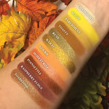 Top angled arm swatches on fair skin tone of The Harvest Moon Collection including Chamomile Duochrome Eyeshadow 