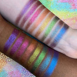 Straight angled arm swatches on deep and fair skin tones of Heiress Hybrid Multichrome Eyeshadow shifts compared to Medieval, Rose Line, Mosaic, Chalice, Embroidery, Shard, Tapestry
