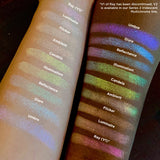 Top angled arm swatches on fair and deep skin tones of Luminaire Iridescent Multichrome Eyeshadow shifts compared to Ray, Flicker, Ambient, Candela, Illumination, Reflectance, Glare, Umbra