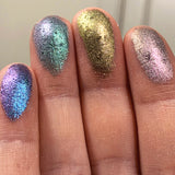 Right angled close up finger swatches of Pastel Multichrome Eyeshadow bundle shifts featuring Tower, Keystone, Cathedral, Turret
