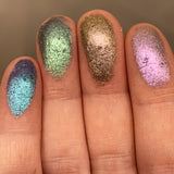 Close up finger swatches of Keystone Pastel Multichrome Eyeshadow shifts next to Tower, Cathedral, Turret