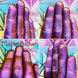 Finger Swatches of Flame-Blown Jewelled Multichrome Eyeshadow angle shifts indigo-violet-pink-red-orange-gold-lime