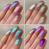 Collage of right angled finger swatch comparisons including Crystalline Duochrome Eyeshadow compared to Enamel, Glazed, Hex