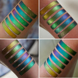 Collage of arm swatches on fair skin tone of Gargoyle, Castle, Anneal, Trefoil, Patina, Weathered angle shifts