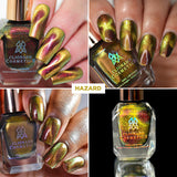Collage of nails done with Hazard Nail Lacquer on fair, medium and deep skin tone and a close up shot of the nail lacquer bottle.