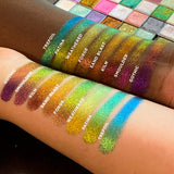 Left angled arm swatches on fair and deep skin tones of Sand Blast Jewelled Multichrome Eyeshadow shifts compared to Gothic, Smoulder, Kiln, Forge, Weathered, Patina, Trefoil