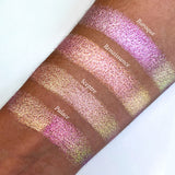 Top angled arm swatches on medium skin tone of Sceptre Pearlescent Multichrome Eyeshadow shifts compared to Baroque, Renaissance and Palace