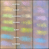 Swatches of Glisten Glitter-Type Iridescent Multichrome Eyeshadow shifts violet-pink-orange-gold compared to Glaoming, Glean, Glimmer, Glow, Gilding, Glint