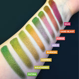 Straight angled arm swatches on fair skin tone of Patina Jewelled Multichrome Eyeshadow shifts next to Kiln, Sand Blast, Forge, Weld, Burnish, Vermeil, Weathered