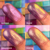 Collage of close up finger swatches on fair skin tone of Pearlescnet Multichrome Bundle shades Baroque, Palace, Renaissance and Sceptre