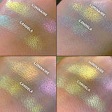 Arm swatches on fair skin tone of Luminaire Iridescent Multichrome Eyeshadow angle shifts pink-orange-gold compared to Candela 