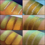 Collage of Arm swatches on fair and deep skin tones of Vermeil Jewelled Multichrome Eyeshadow shifts compared to Burnish, Weathered