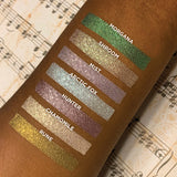 Top angled arm swatches on deep skin tone of Chamomile compared to Rune, Hunter, Arctic Fox, Mist, Shroom and Morgana