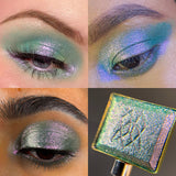 Collage of macro eye swatches on various skin tones of The Bends as well as a macro shot of the shadow itself