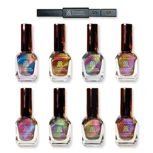 Bottle shots of all 8 Slick-adelic lacquers on white background, along with magnetic wand.