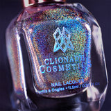 Close-up, angled shot of Chocholo Chip Nail Lacquer bottle on a black background.