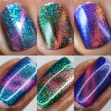 Collage of macro shots of nails done with Psilo-Siblings Trio Nail Lacquer on fair and deep skin tones.