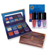Deep Sea Treasures Palette, Deep Sea Treasures Mini Nail Lacquer Trio and Deep Sea Treasures Palette Carton laid out in front of a white background.