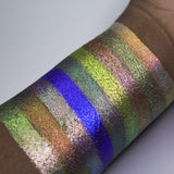 Arm swatches on deep skin tone of Incandescence, Alloy, Exothermic, Dais, Masonry, Tiara, Ascension, Archway and Electron.