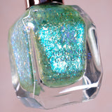 Close-up, angled shot of Fauxjito Nail Lacquer bottle on a beige background.