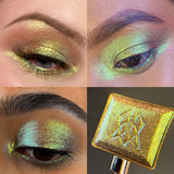 Collage of macro eye swatches on various skin tones of Fool's Gold as well as a macro shot of the shadow itself