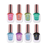 Eight bottles of Clionadh Cosmetics nail polish containing Halation Holo's Nail Lacquers on a white background.