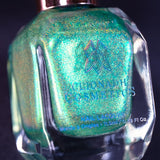 Close-up, angled shot of Holopeno Nail Lacquer bottle on a black background.