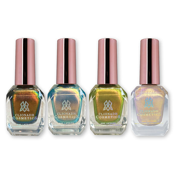 Stained Glass Collection Nail Lacquer Bundle (2): Forge, Hilt, Royal Pear and Lux Nail Lacquer bottles in front of a white background.