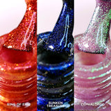 Collage of macro shots of Ring of Fire, Sunken Treasure and Cephalopod from the Deep Sea Treasures Mini Nail Lacquer Trio