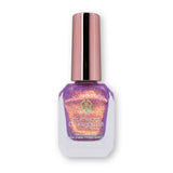 Bottle of nail polish containing The Prince & The Lion nail lacquer on a white background. A purple base with orange to pale yellow shifting large particle shimmer, and holographic micro glitter and flakes.