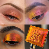 Collage of macro eye swatches on various skin tones of Ring of Fire as well as a macro shot of the shadow itself