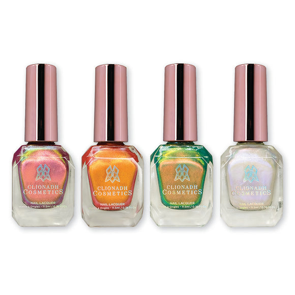 Stained Glass Collection Nail Lacquer Bundle (3): Palace, Monarch, Mural and UV in front of a white background.
