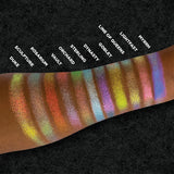 Top angled arm swatches of Myrrh, Lightfast, Line of Queens, Goblet, Dynasty, Sterling, Orchard, Vault, Rosarium, Sculpture and Duke on deep skin tone.