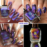 Collage of nails done with Acid Rain Nail Lacquer on fair, medium and deep skin tones as well as a close up shot of the nail lacquer bottle.