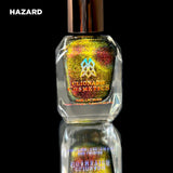 Hazard Nail Lacquer bottle in front of a black background.