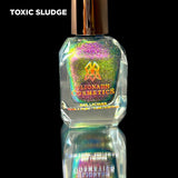 Bottle of Toxic Sludge nail lacquer in front of a black background.