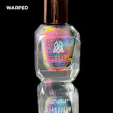 Warped nail lacquer bottle in front of a black background.