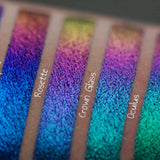 Left Angled close up arm swatches on medium skin tone of Rosette Jewelled Multichrome Eyeshadow shifts compared to Crown Glass, Oculus